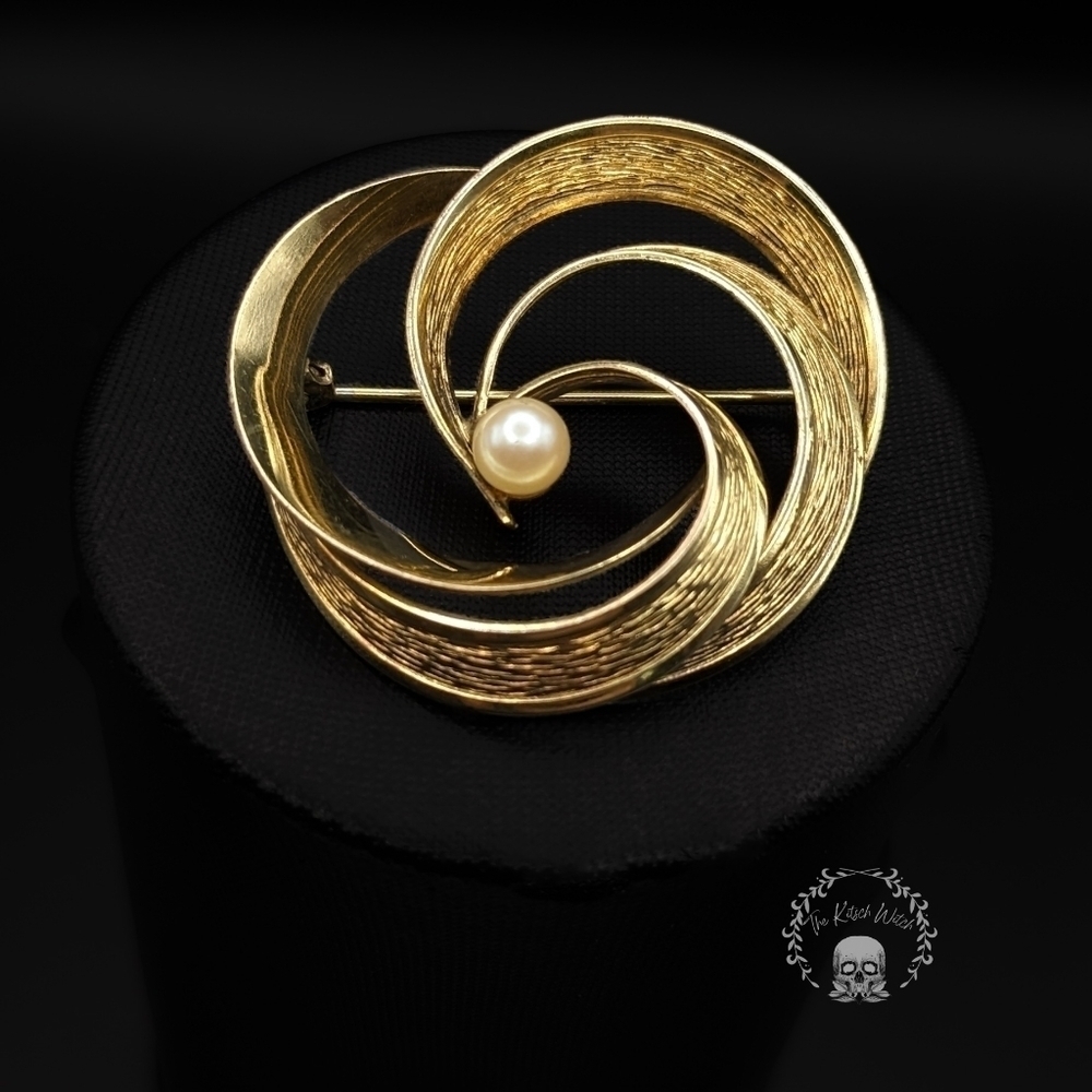 Vintage German Rolled Gold Textured Swirled Brooch with Pearl Accent
